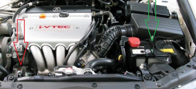 Car engine with arrows showing the alternator and battery