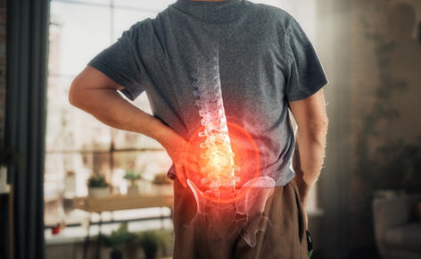 Man with back pain holds his glowing spine.