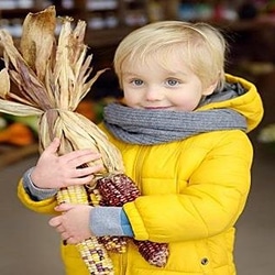 Child holding Indian corn
