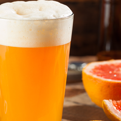 Two glasses of grapefruit cider next to sliced grapefruits