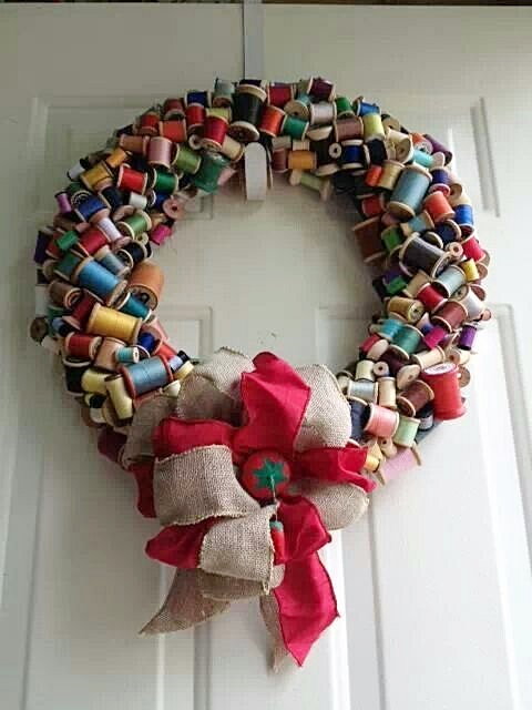 wreath with wooden thread spools