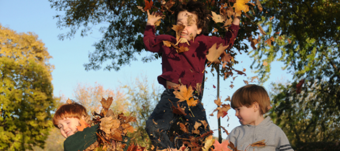 children playing in fallen leaves