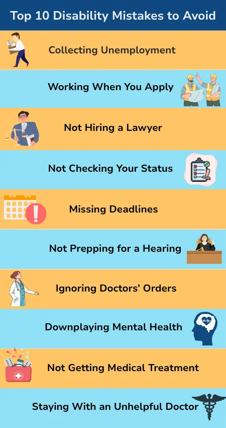 Infographic on 10 mistakes to avoid in your SSDI or SSI claim