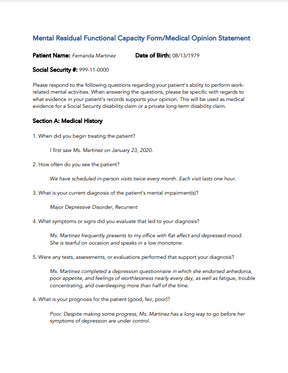 Example of a Mental RFC form filled out for depression.