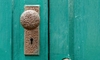 antique doorknob on a green door