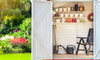 cute garden shed with flower pots and tools in sunny garden