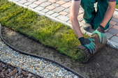hands rolling out grass next to stone walkway near pebbles