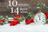 A backdrop of snow, Christmas ornaments, and a clock.