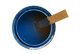 A paint can of medium blue paint with a wood stir stick inside.