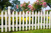 An old, white picket fence surrounds a yard of flowers.