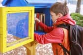 a child reaching into a little book library