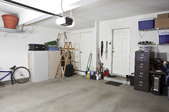 A garage with concrete floors.