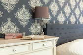 A wallpapered room.