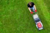 Man mowing lawn, shot from over head.