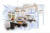 A dream kitchen with architectural plans surrounding it. 