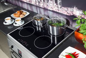 A cooktop with pots on it.