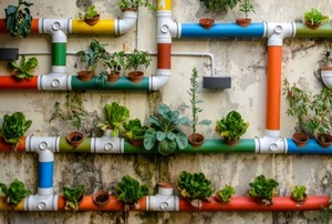 A garden mounted in colorful tubes on a wall
