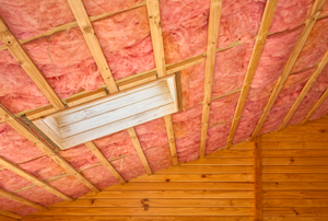 a framed ceiling filled with pink insulation