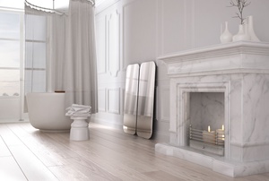 neutral colored room with white marble fireplace mantel