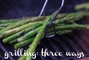 A bunch of asparagus on an electric grill with tongs picking them up and the words "grilling: three ways."