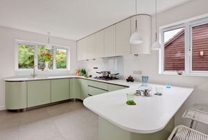 A kitchen with plastic laminate countertops.