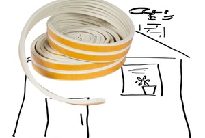 A line drawing of a house with a coil of yellow and white weather stripping.