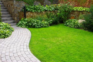 landscaped yard with curved walkway, grass, and bushes