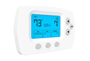 Electronic thermostat displaying temperature and time with a blue lit background.