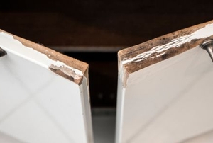 white cabinet doors with peeling paint