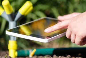 hands with tablet computer near sprinkler in garden