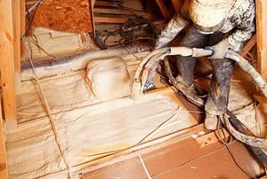 A worker installing blown in insulation in a floor.