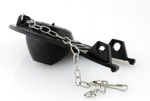 A rubber toilet flapper with the flush chain still attached.