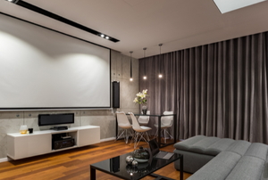 media room with large projector screen