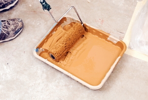 paint roller in a tray of tan paint