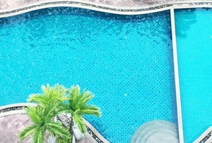 A curvy, concrete pool seen from above