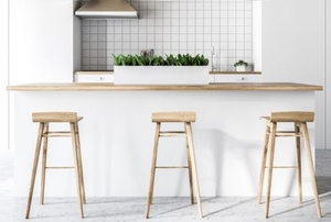 wood bar stools in white, minimalist kitchen