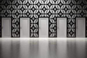 wallpaper on a wall with many doors