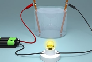salt water cup connected to batteries and a light