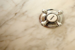 A silver faucet with the words "shower" on it.