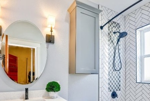 A bathroom with a shower.