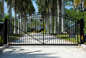 Security gate at the end of a driveway