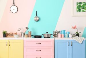 A pastel-colored kitchen.