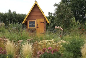 Playhouse in a yard with wild flowers.