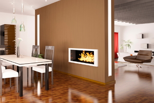 A two-sided fireplace blazes in a modern home.