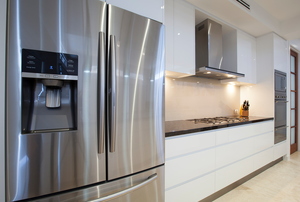 stainless steel, French door refrigerator in a kitchen