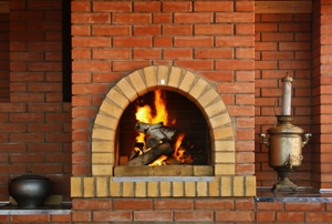 A brick fireplace hearth.