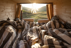 live in van with open back door and bed