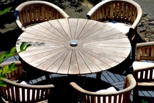 wooden patio roundtable with chairs