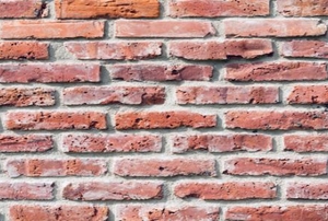 A red brick wall with efflorescence.