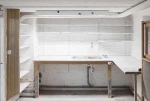 garage with shelves and cabinets